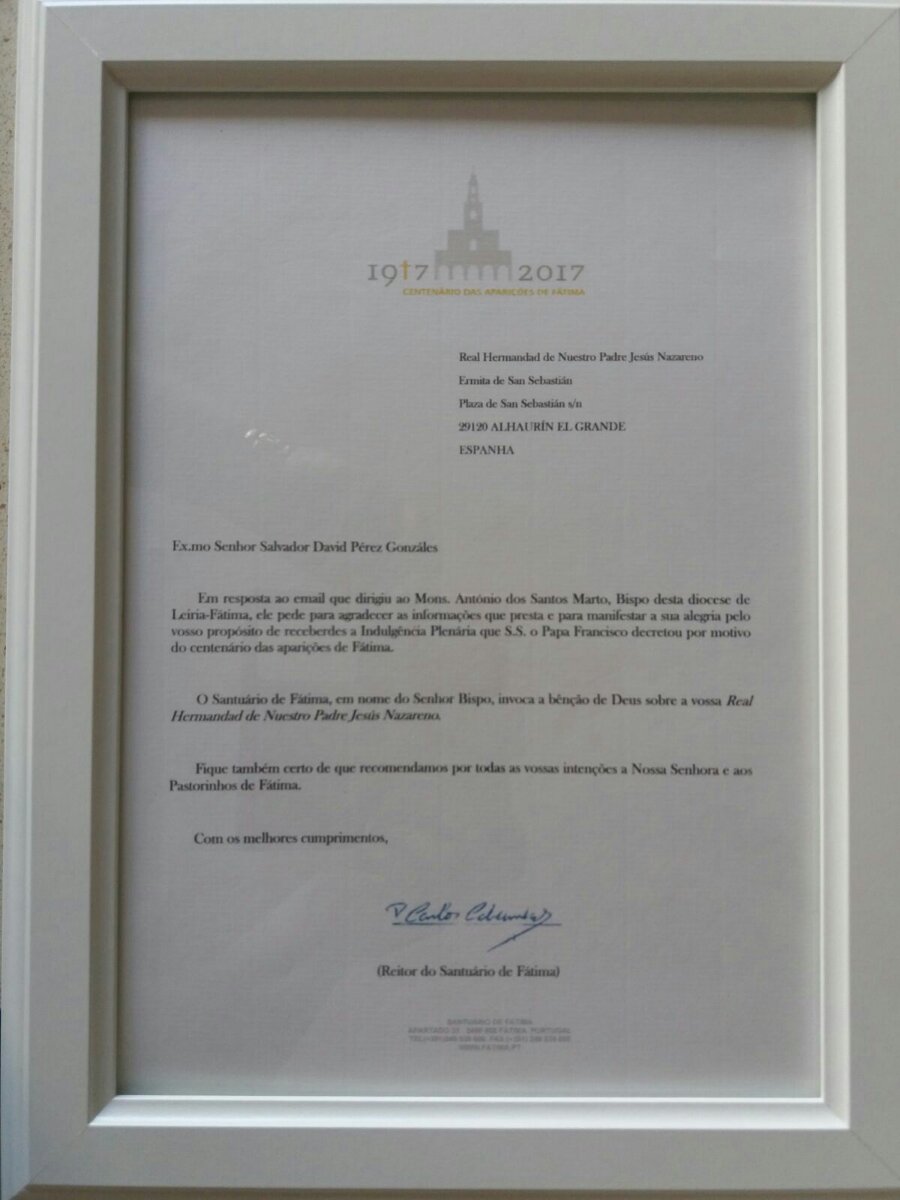 El rector del Santurario Protugués de Fátima envió su bendición a nuestra Real Hermandad